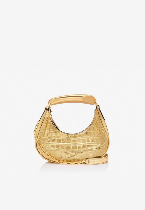 Mini Bianca Metallic Hobo Bag in Croc-Embossed Leather