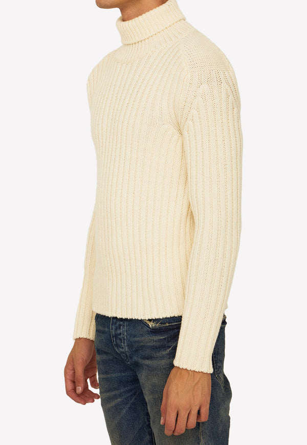 Turtleneck Ribbed Knit Wool Sweater