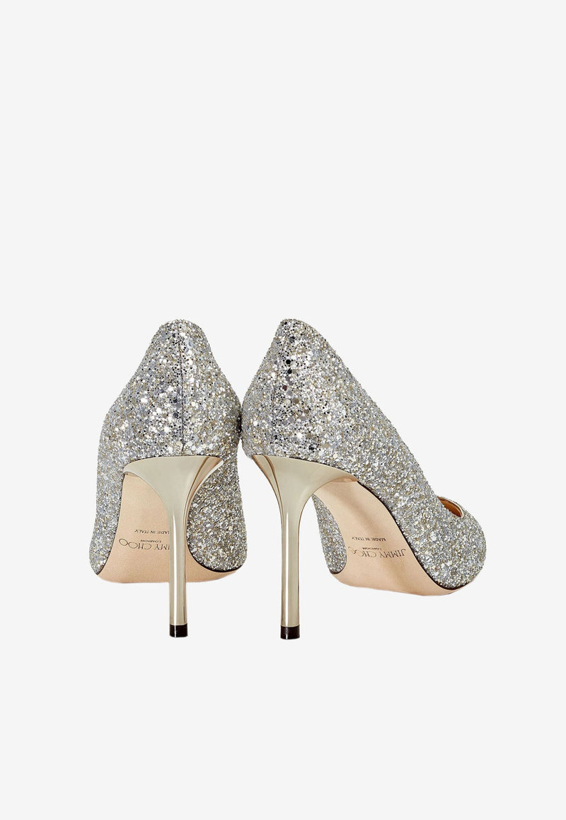 Jimmy Choo Romy 85 Pointed Glittered Pumps Champagne ROMY 85 CGF CHAMPAGNE