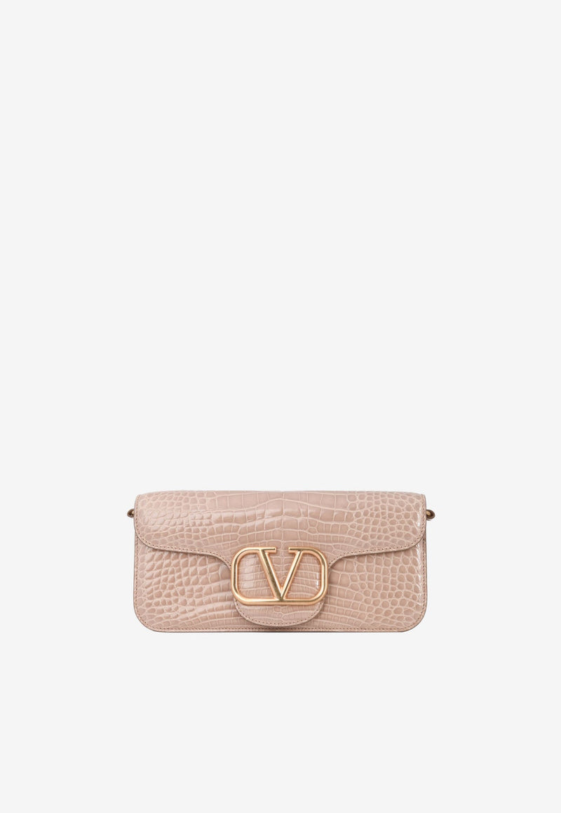 LOCÒ Crocodile Leather Shoulder Bag with VLogo Plaque