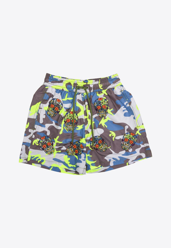 All-Over Mexican Head Swim Shorts in Camo Yellow