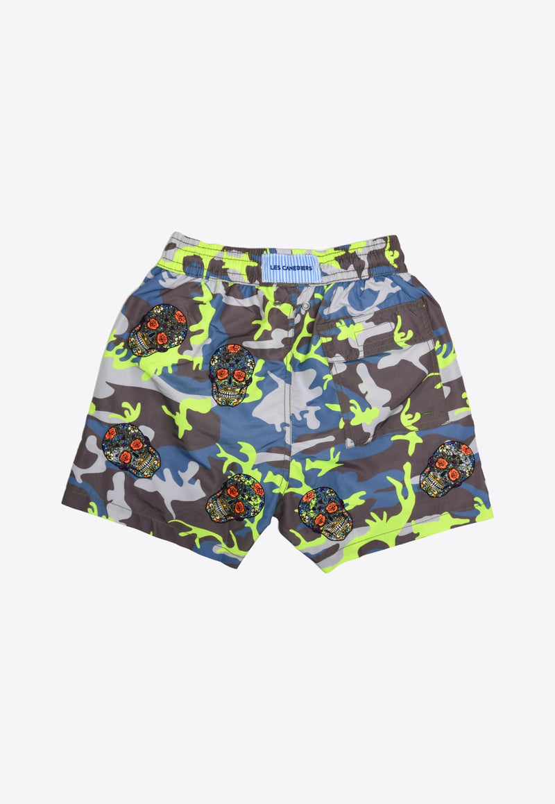 All-Over Mexican Head Swim Shorts in Camo Yellow