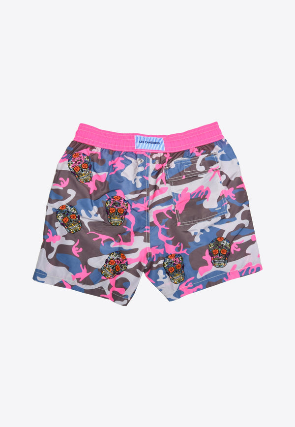All-Over Mexican Head Swim Shorts in Camo Rose
