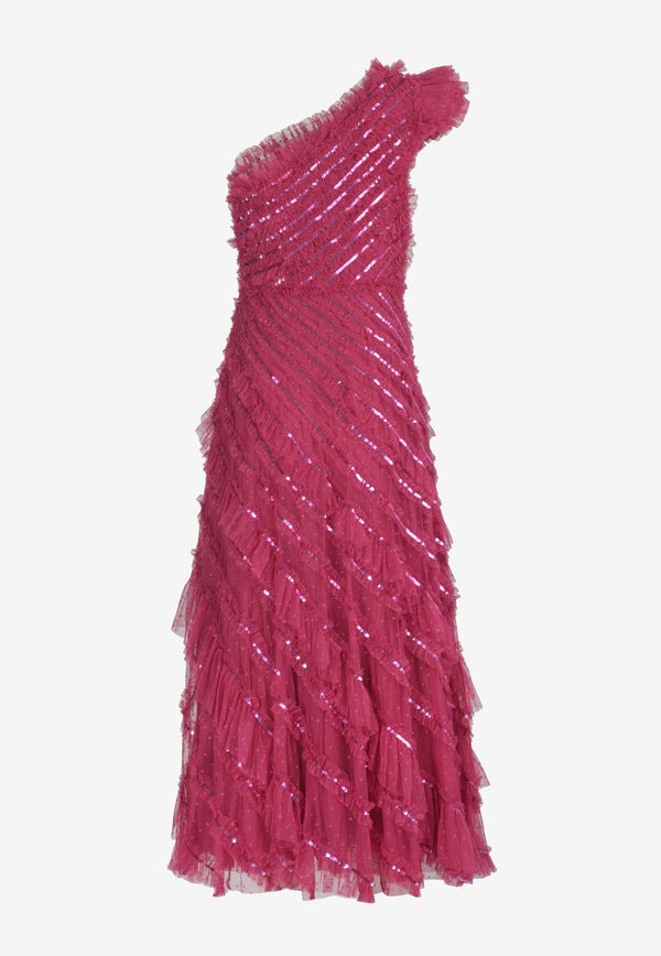 Spiral Sequin Embellished One-Shoulder Gown