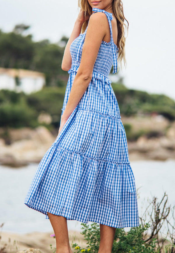 Valensole Stripe Tiered Midi Dress in Blue Vichy