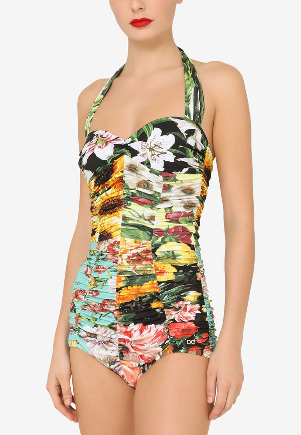 Patchwork One-Piece Ruched Swimsuit