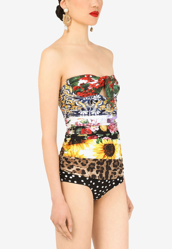 Patchwork One-Piece Draped Swimsuit