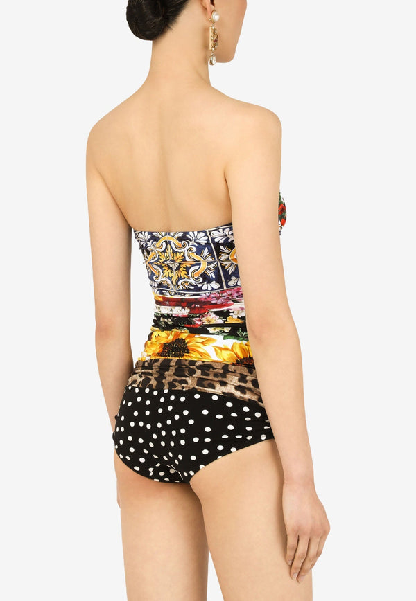 Patchwork One-Piece Draped Swimsuit